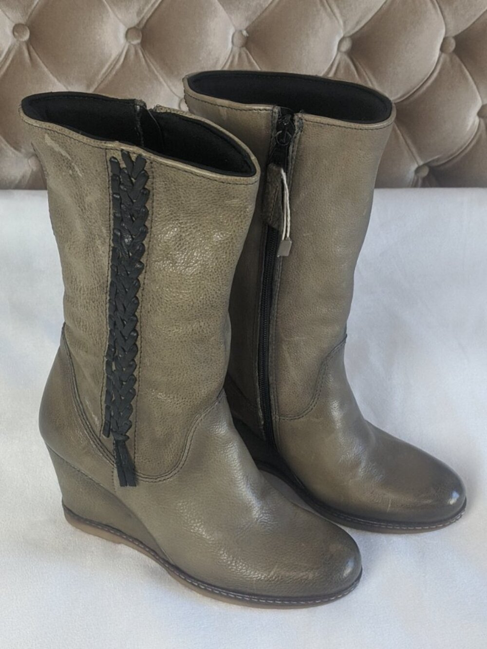 MJUS Italy Gray Storm Braided Leather Mid Shaft Wedge Boots EU 38